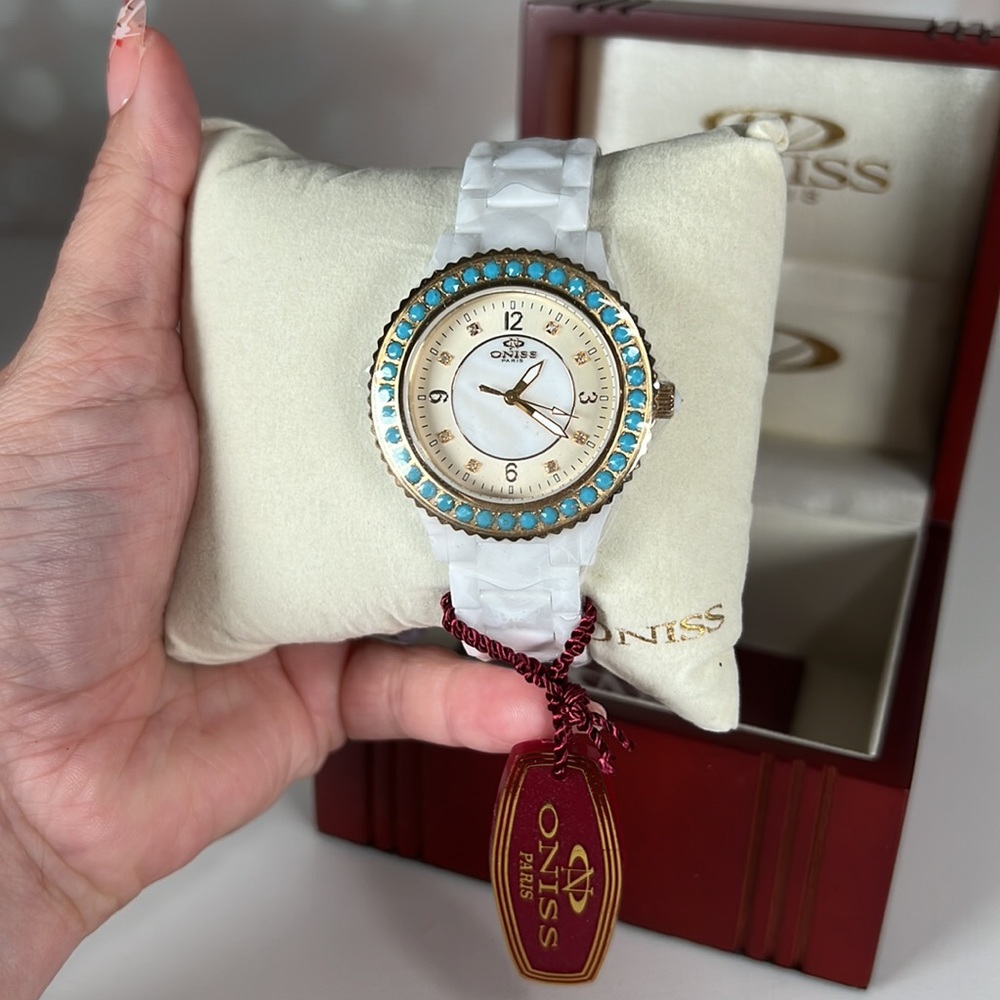 ONISS PARIS White Ceramic, Turquoise and Diamond Accented Watch NIB